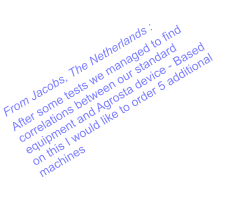 From Jacobs, The Netherlands : After some tests we managed to find correlations between our standard equipment and Agrosta device - Based on this I would like to order 5 additional machines